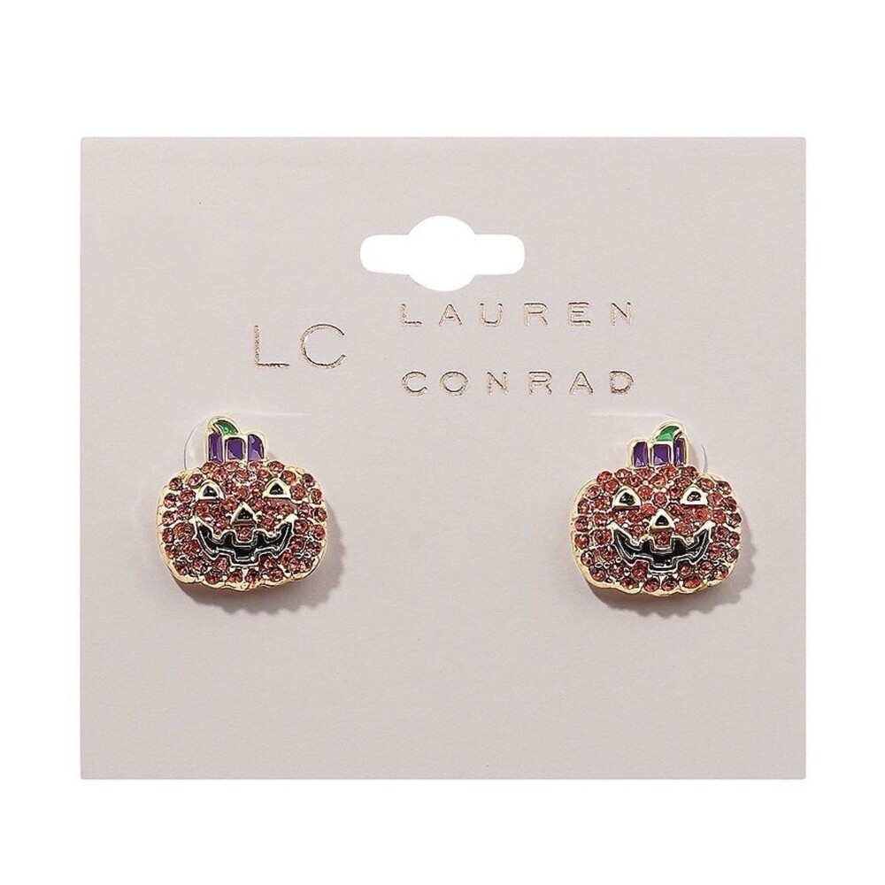LC Lauren Conrad Rhinestone Pumpkin Earrings Gold Tone Jack O Lantern NWTοΏΌοΏΌοΏΌ